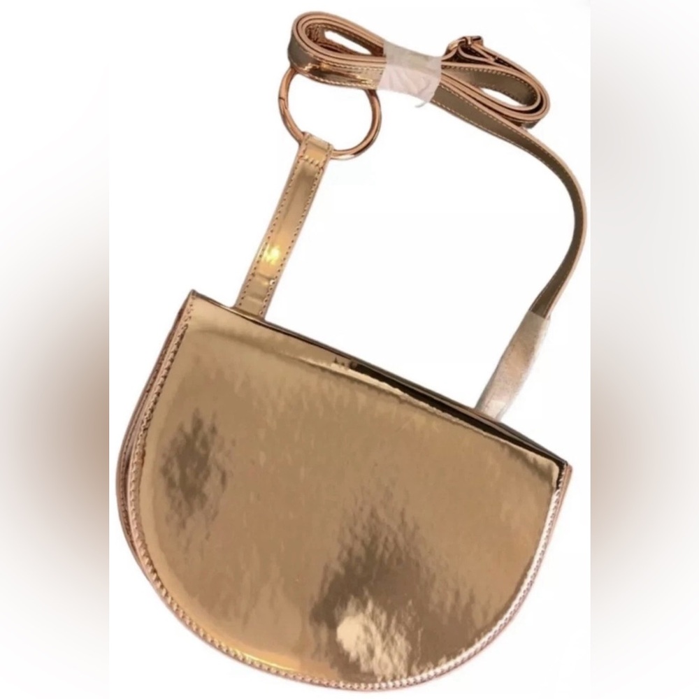 Paco Rabanne Metallic Rose Gold Geometric Half-Moon Crossbody bag